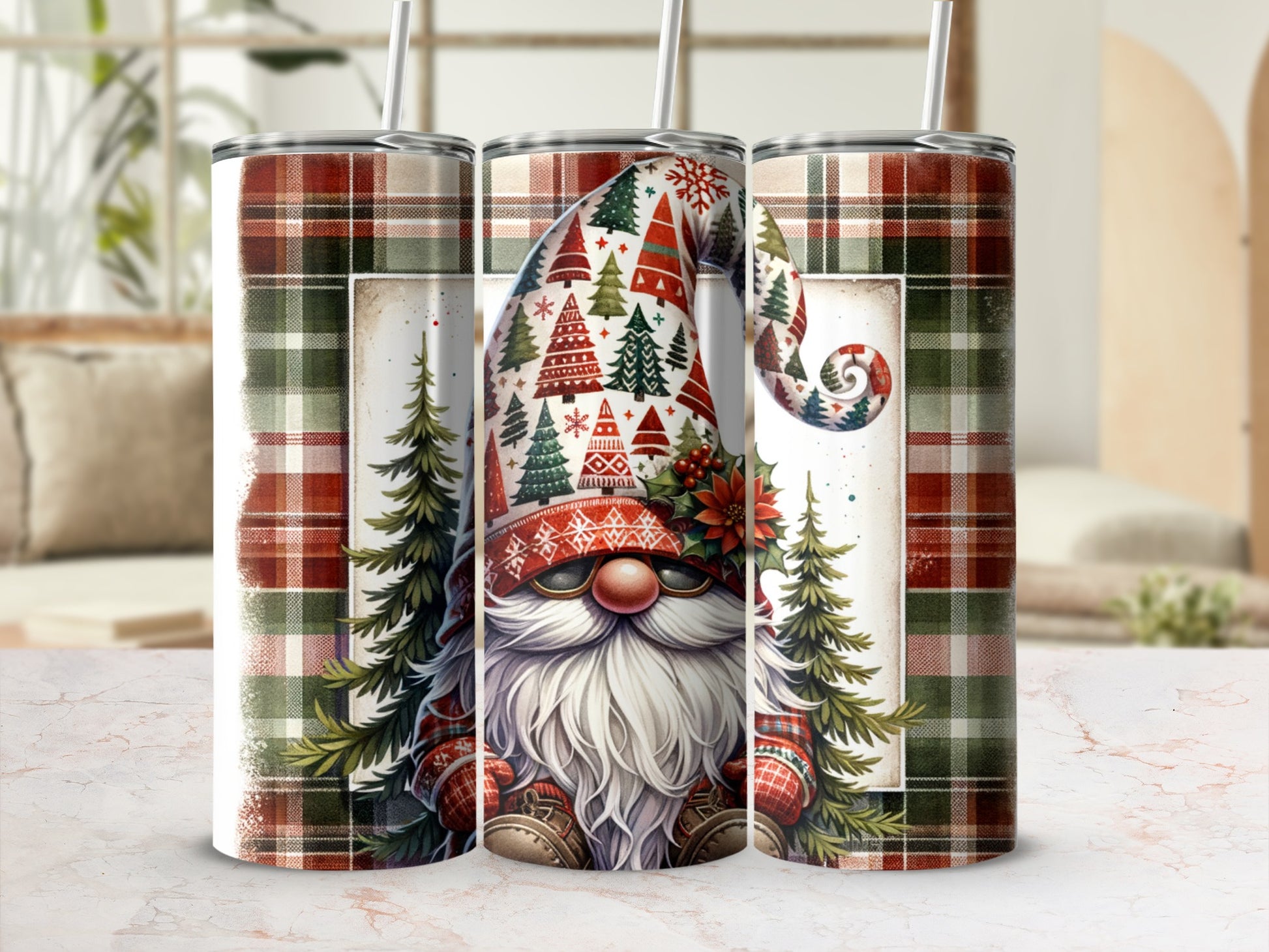 Gnome with Christmas trees and plaid design on a tumbler.