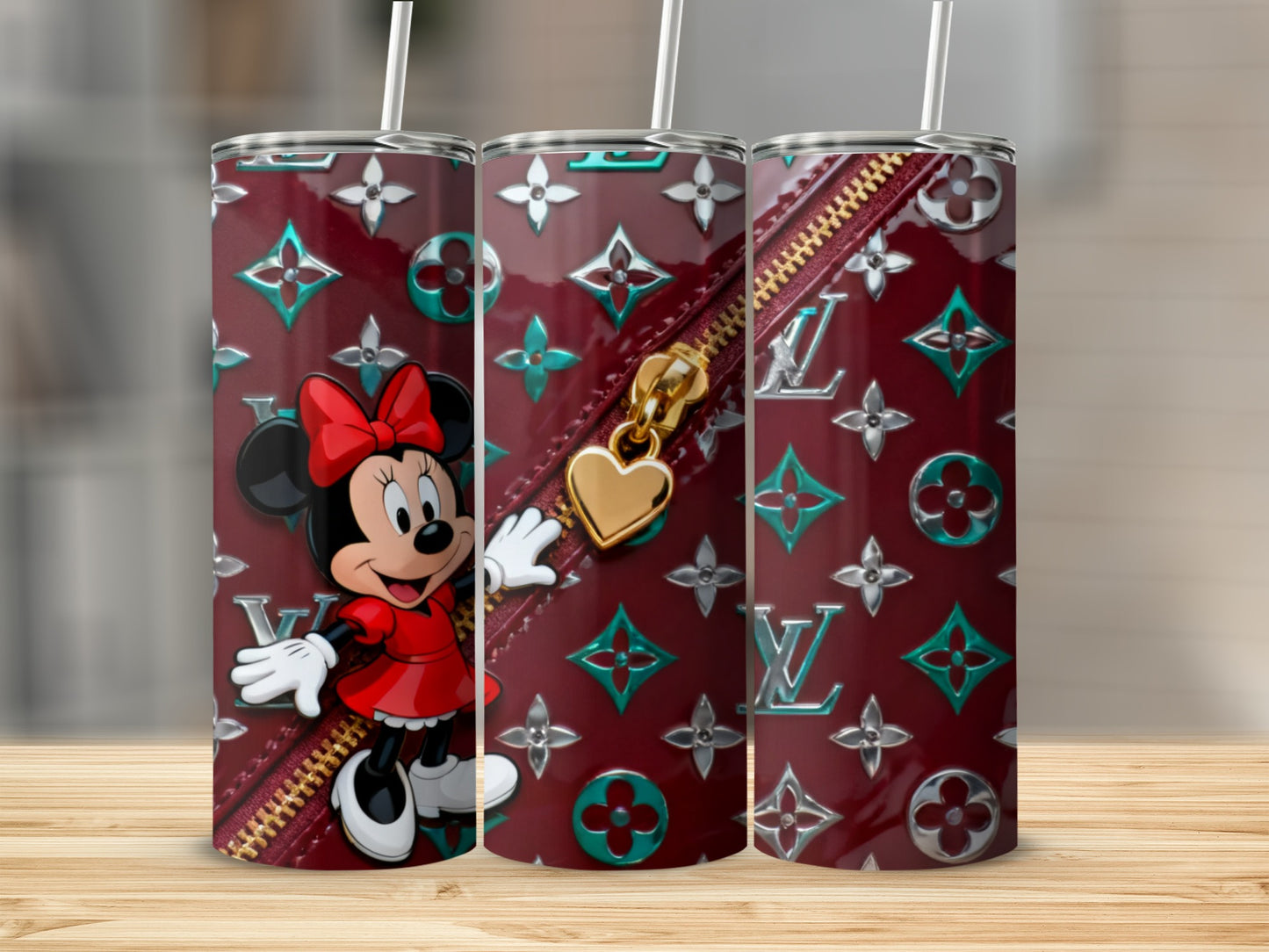 Minnie Mouse on a burgundy tumbler with repeating LV monogram and gold zipper.