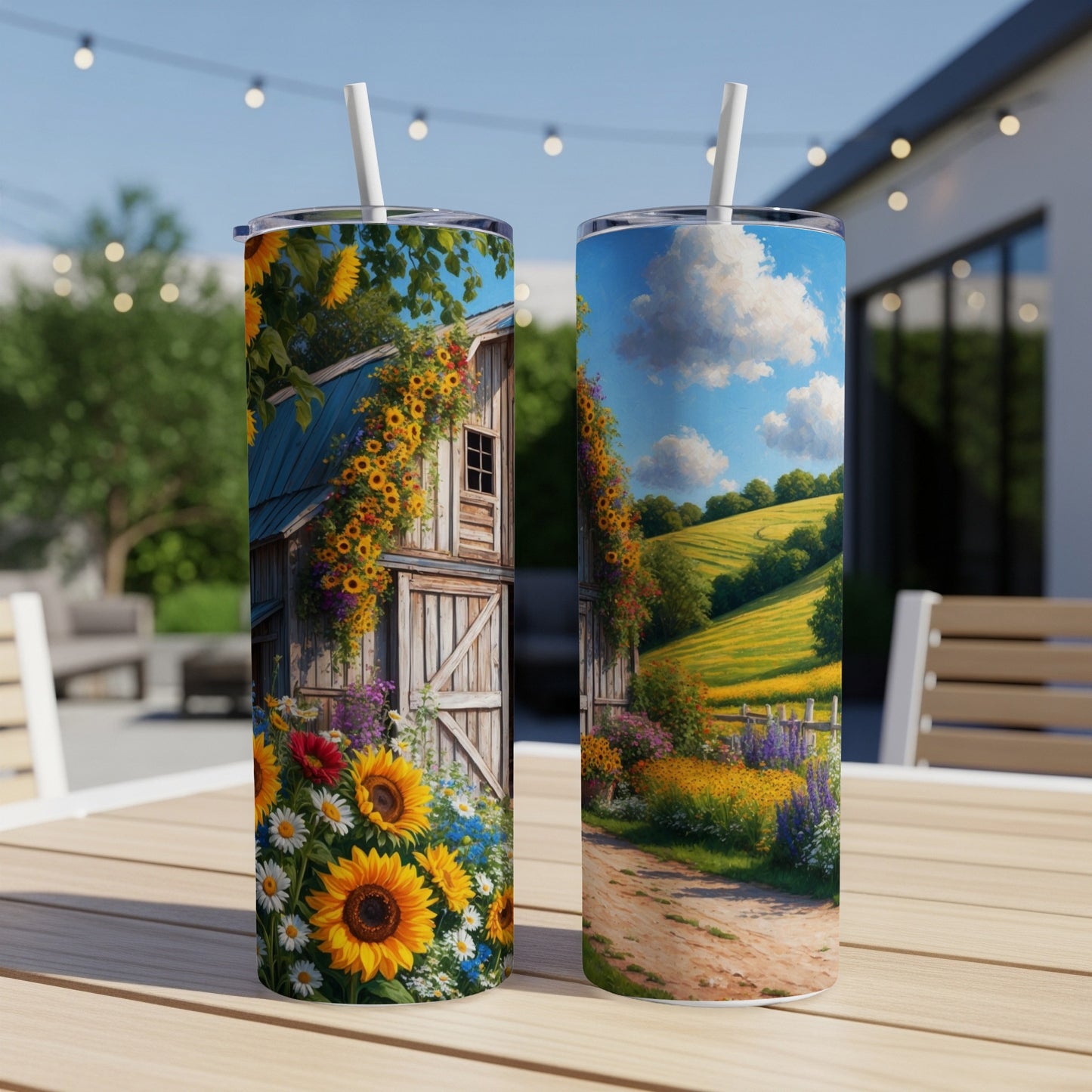 Two tumblers with farm and sunflower designs stand on a wooden table.