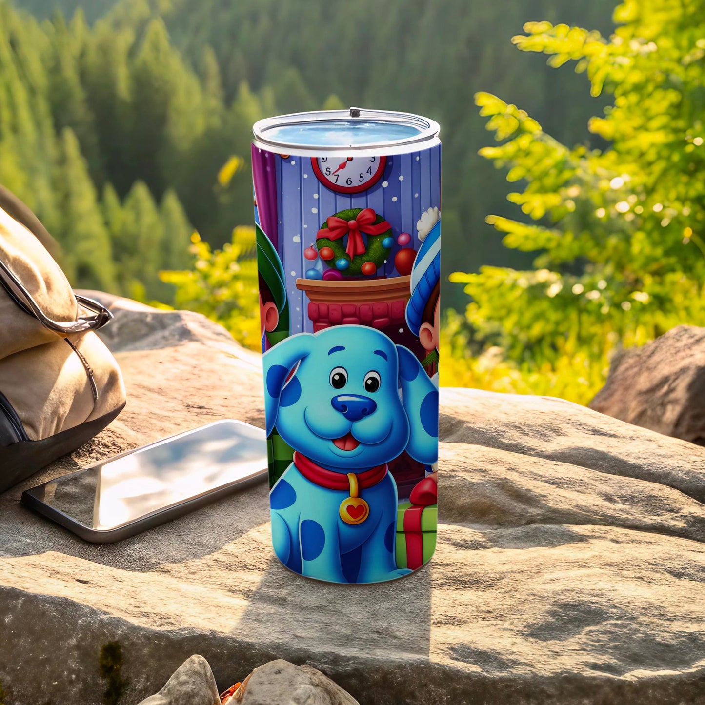 Cute Blue Dog with Christmas Decor Travel Tumbler