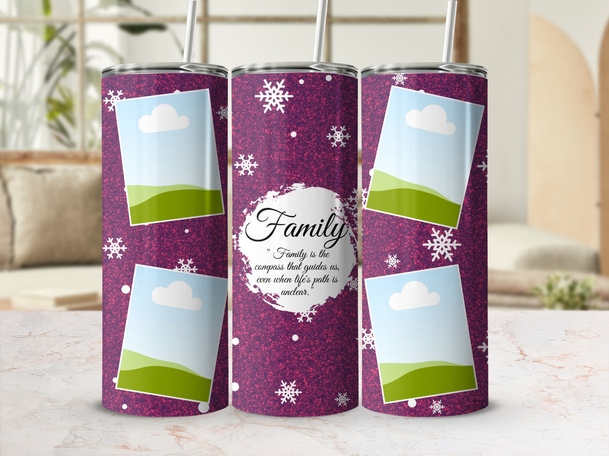 Purple tumbler with snowflakes and "Family" quote with placeholder image frames.