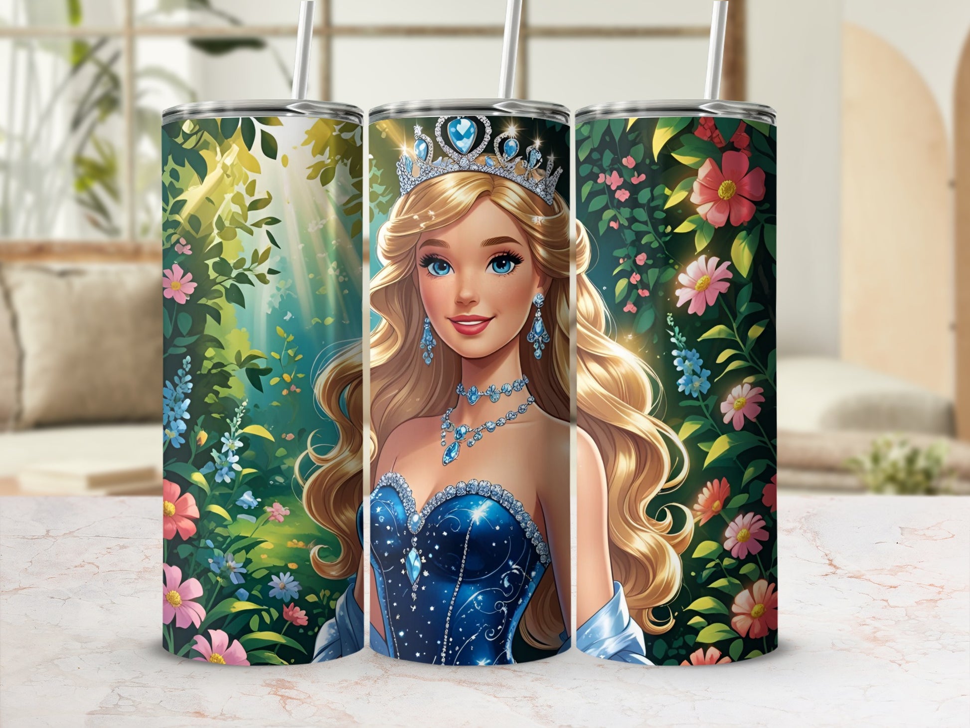 Princess with crown and blue dress in floral garden background.