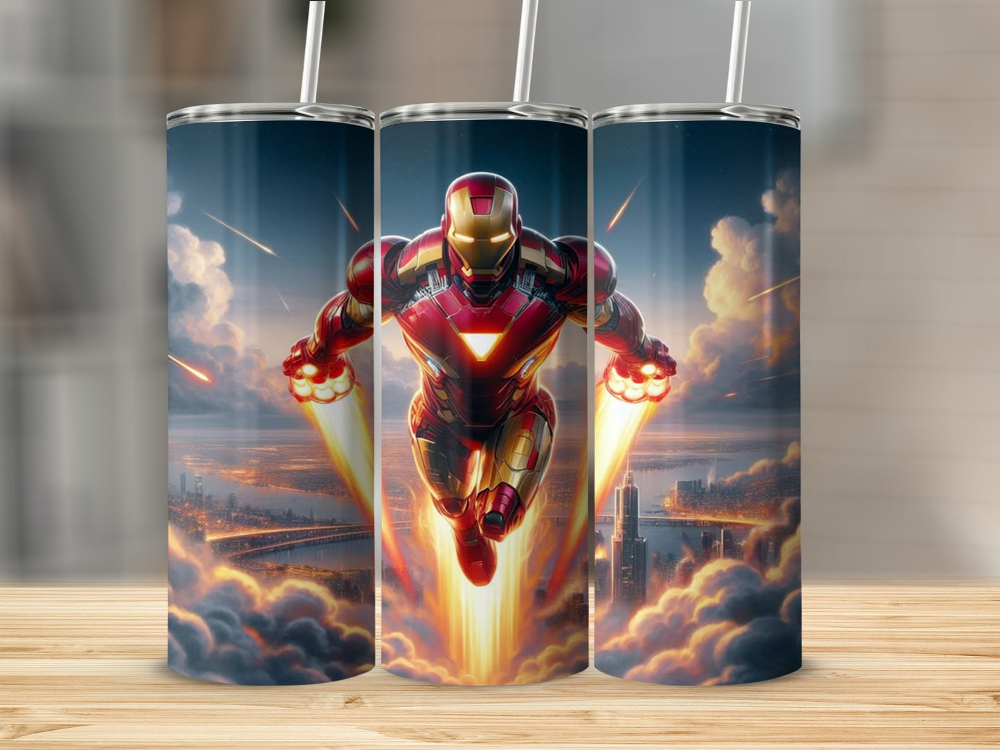 Flying Iron Hero with City Background Tumbler Product