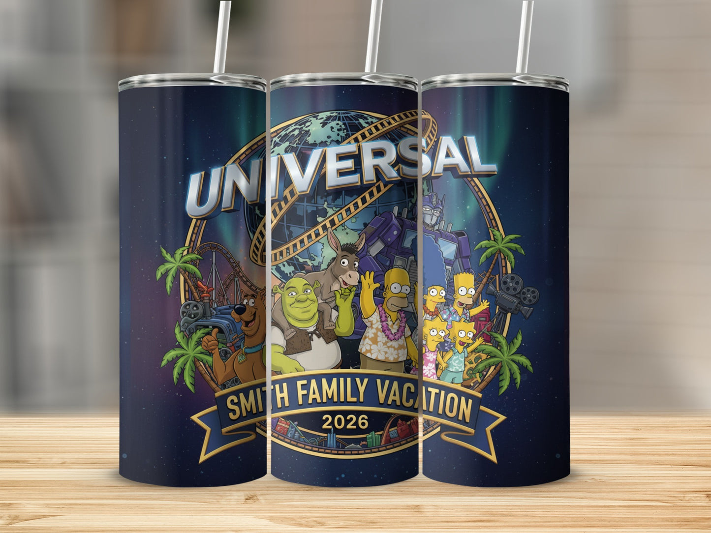 Universal Family Vacation 2026 tumbler with characters from Universal Studios.
