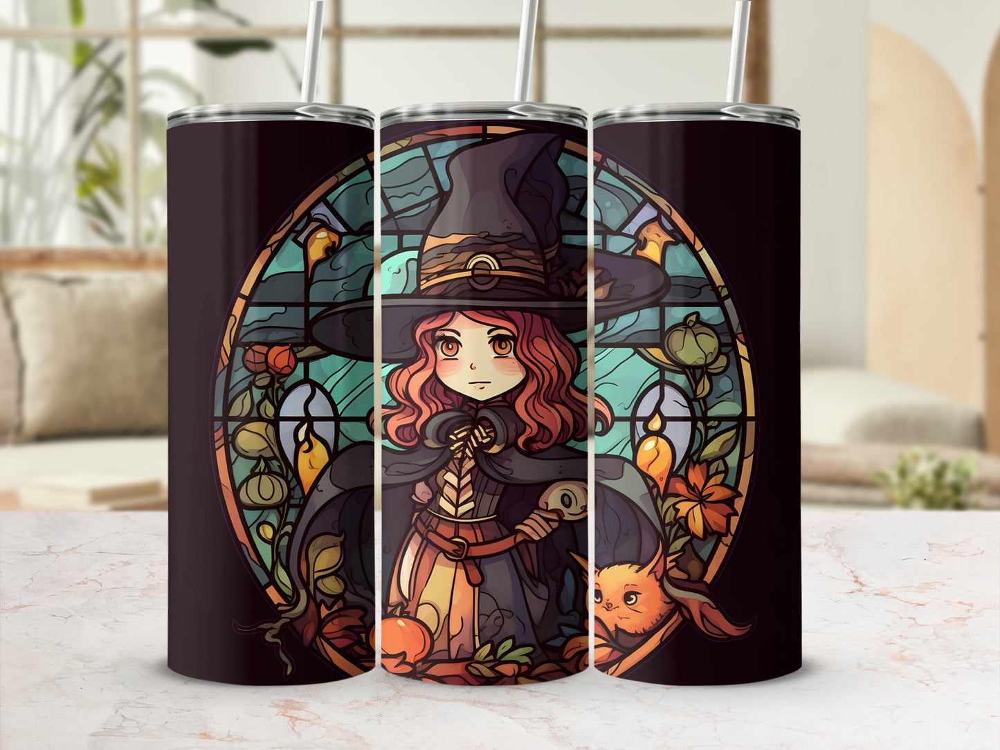 Witch with cat in stained glass, on a dark tumbler.
