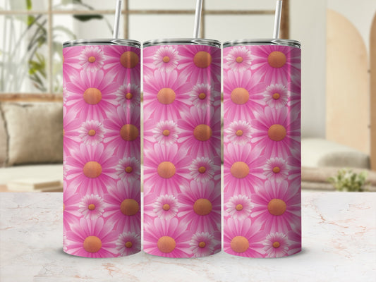 Pink floral pattern on three tumblers with straws.