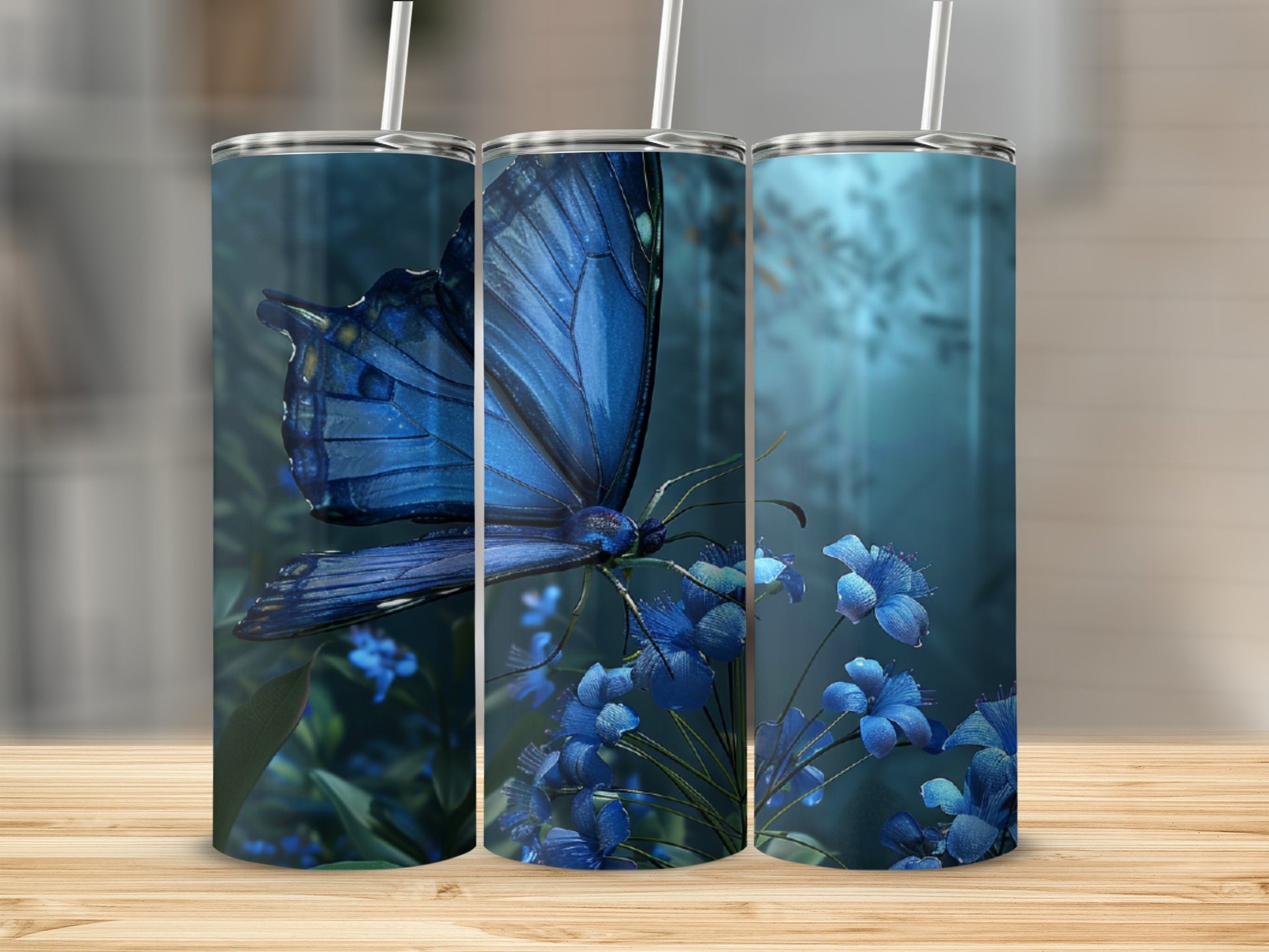 Triptych of a blue butterfly on blue flowers, with a blurred background.