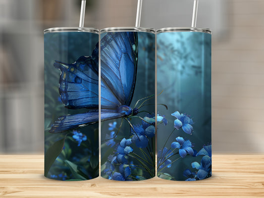 Triptych of a blue butterfly on blue flowers, with a blurred background.
