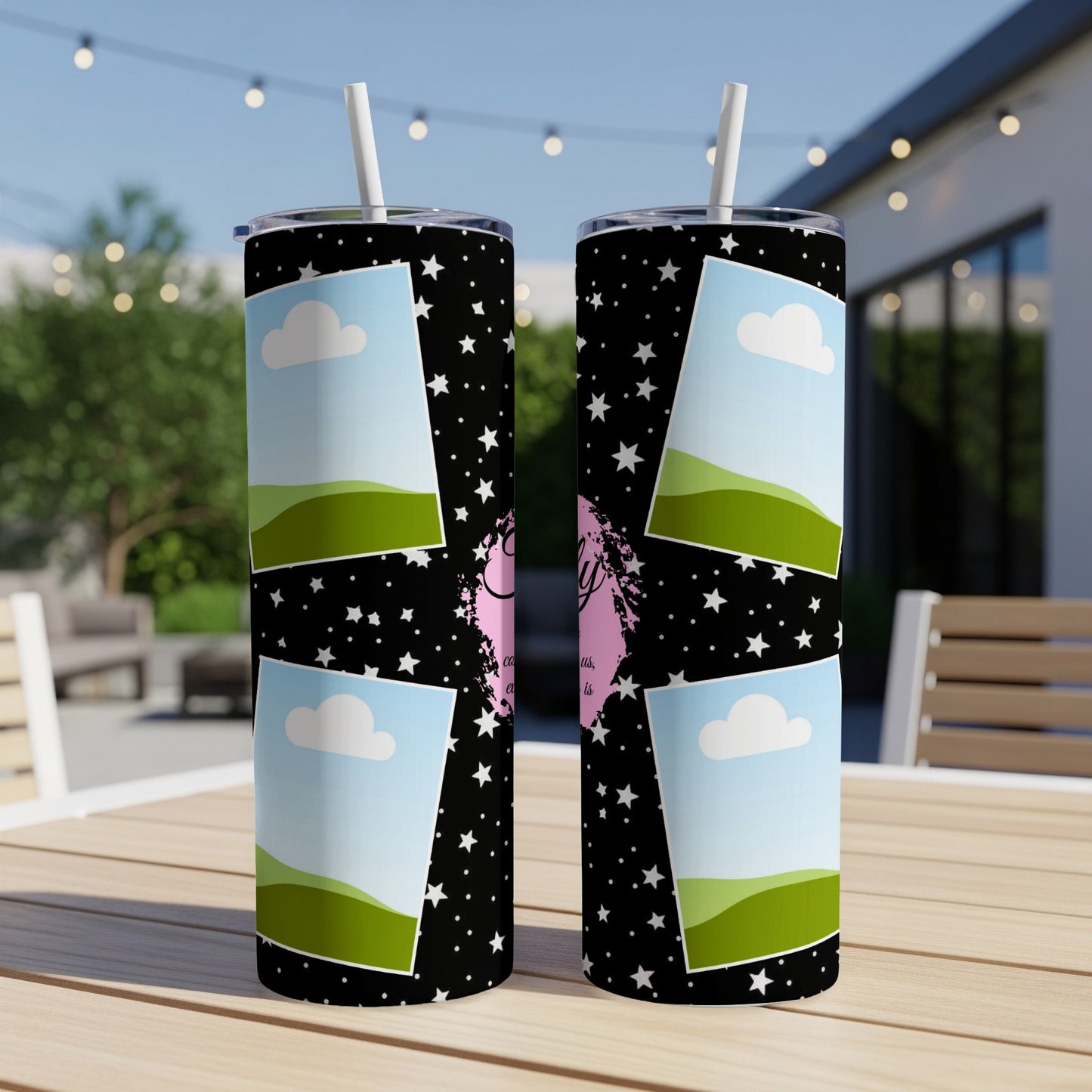 Two tumblers with a star pattern and space for photos, featuring pink text.