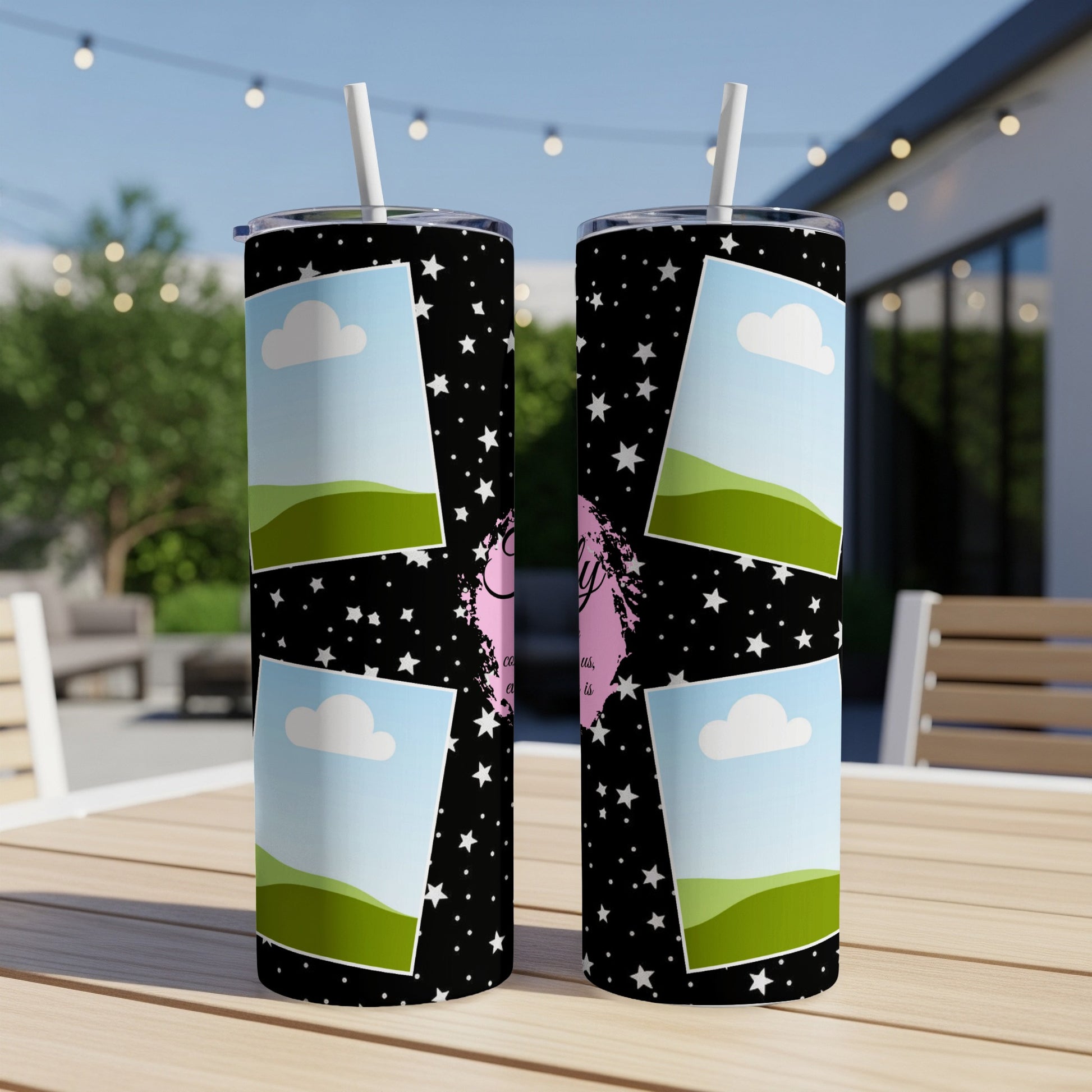 Two tumblers with a star pattern and space for photos, featuring pink text.