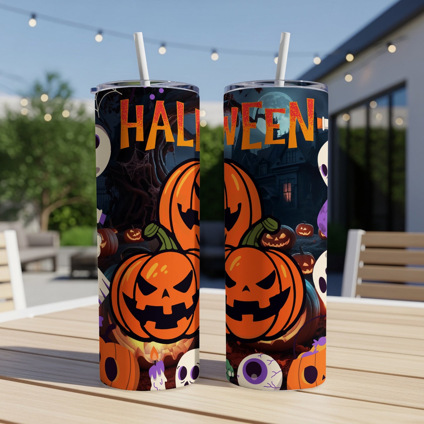 Two Halloween-themed tumblers with pumpkins, skulls, and the word "Halloween."