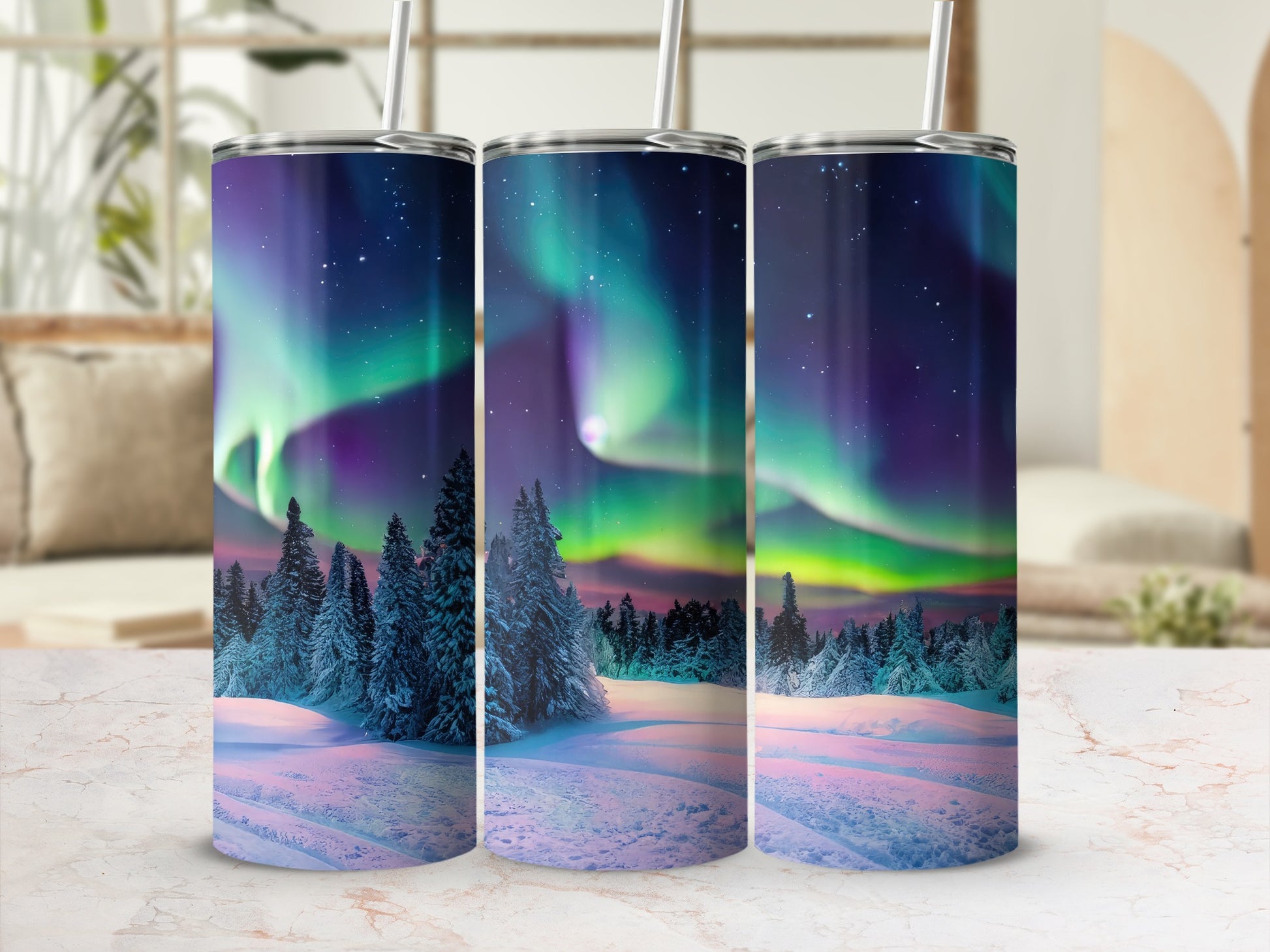 Northern Lights Winter Forest Tumbler Drinking Cup