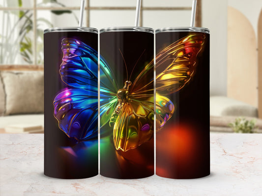 Three tumblers with iridescent butterfly designs.