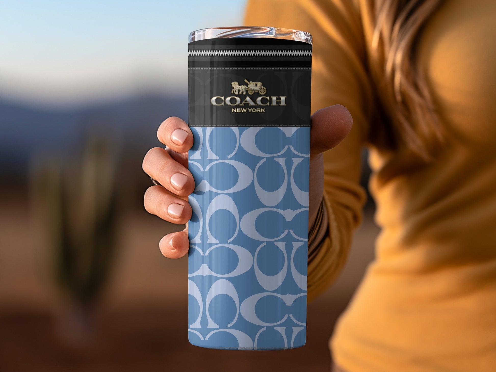 Coach New York Blue Patterned Travel Mug