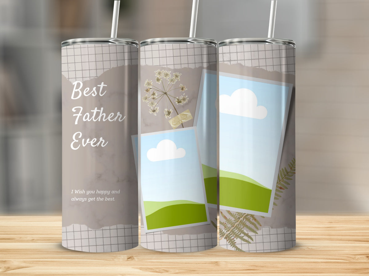 Tumbler with "Best Father Ever" text and collage of nature photos.