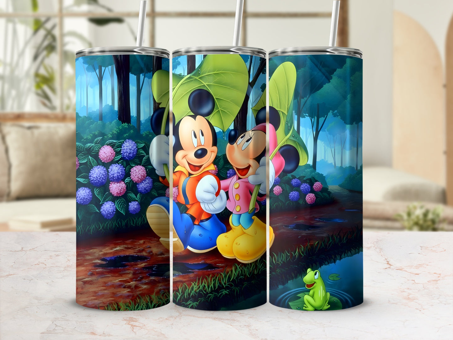 Mickey and Minnie Mouse in a forest with flowers and a frog.