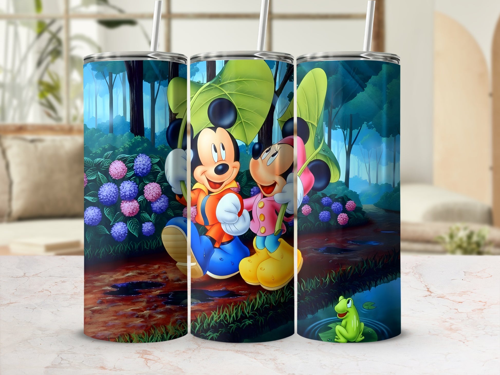 Mickey and Minnie Mouse in a forest with flowers and a frog.