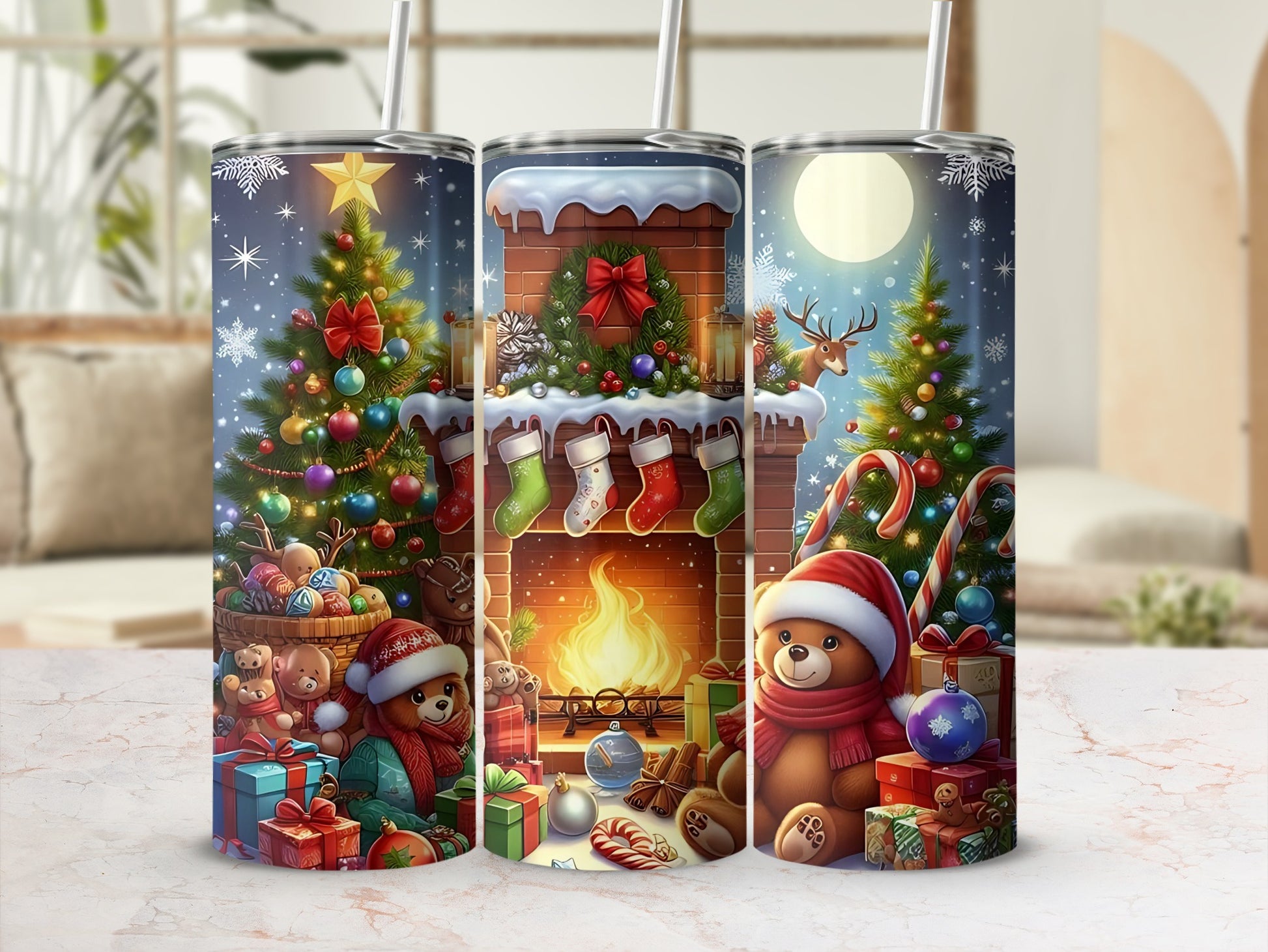 Festive Holiday Tumbler with Christmas Tree and Teddy Bear