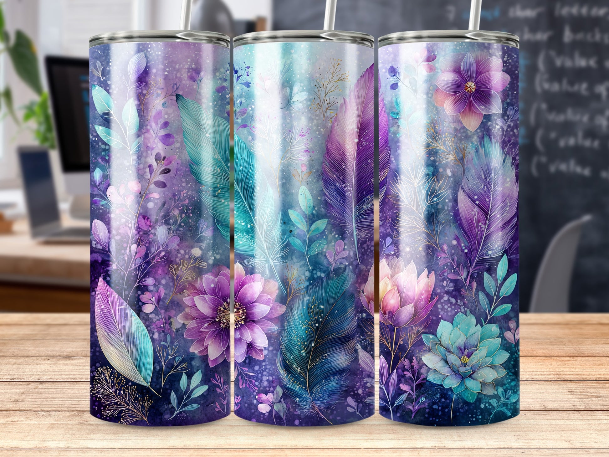 Purple and Blue Feather Floral Patterned Tumbler
