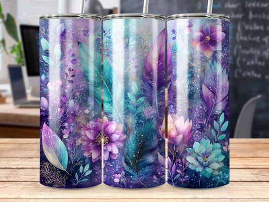Purple and Blue Feather Floral Patterned Tumbler