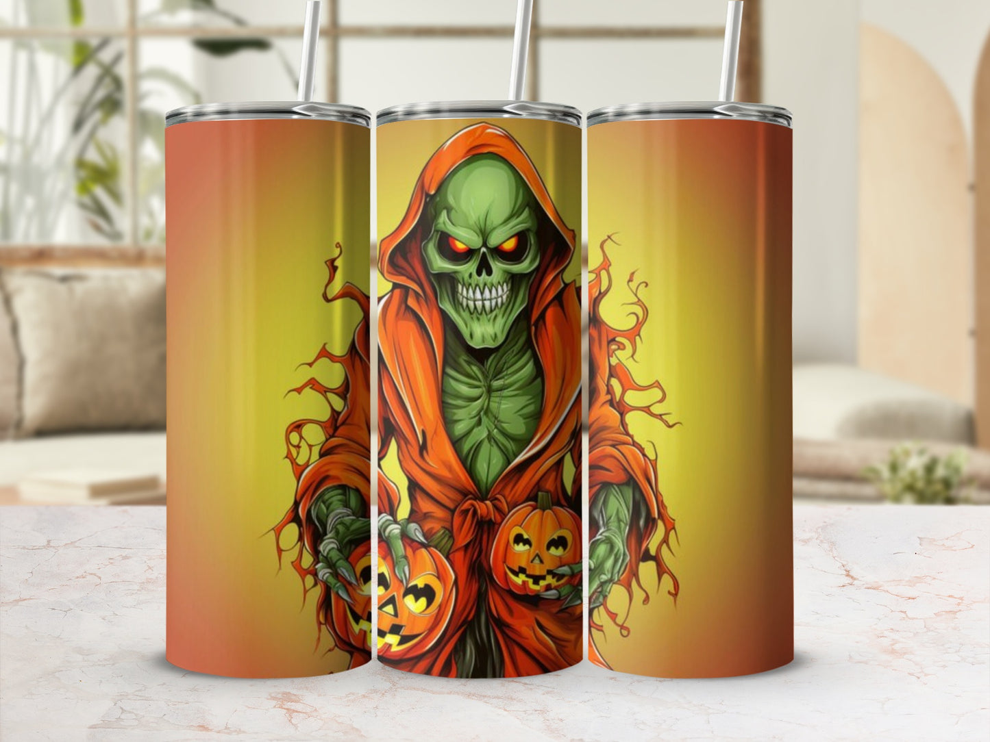 Green skeleton figure in orange cloak holding pumpkins on a gradient background.
