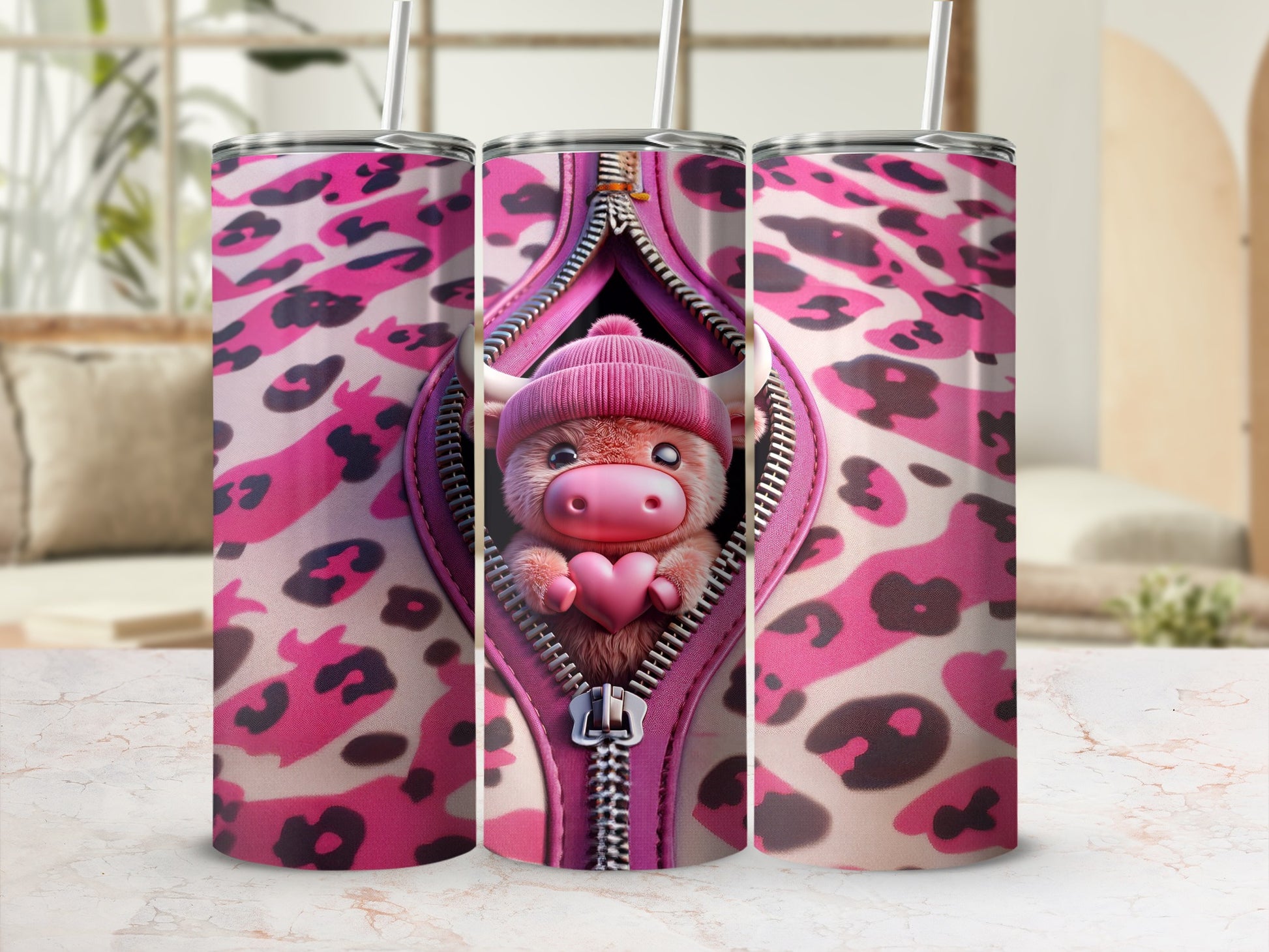 Pink leopard print tumbler with a cartoon cow peeking through a zipper.