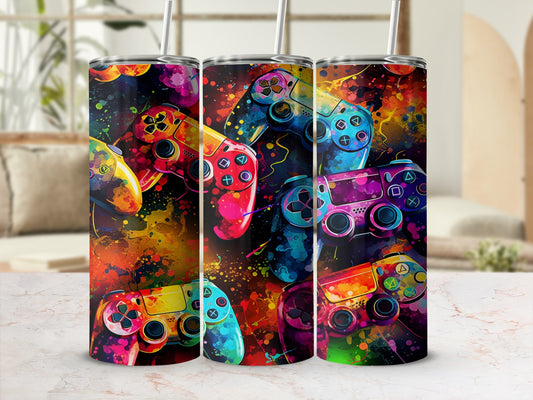 Three colorful video game controllers with abstract paint splatters.