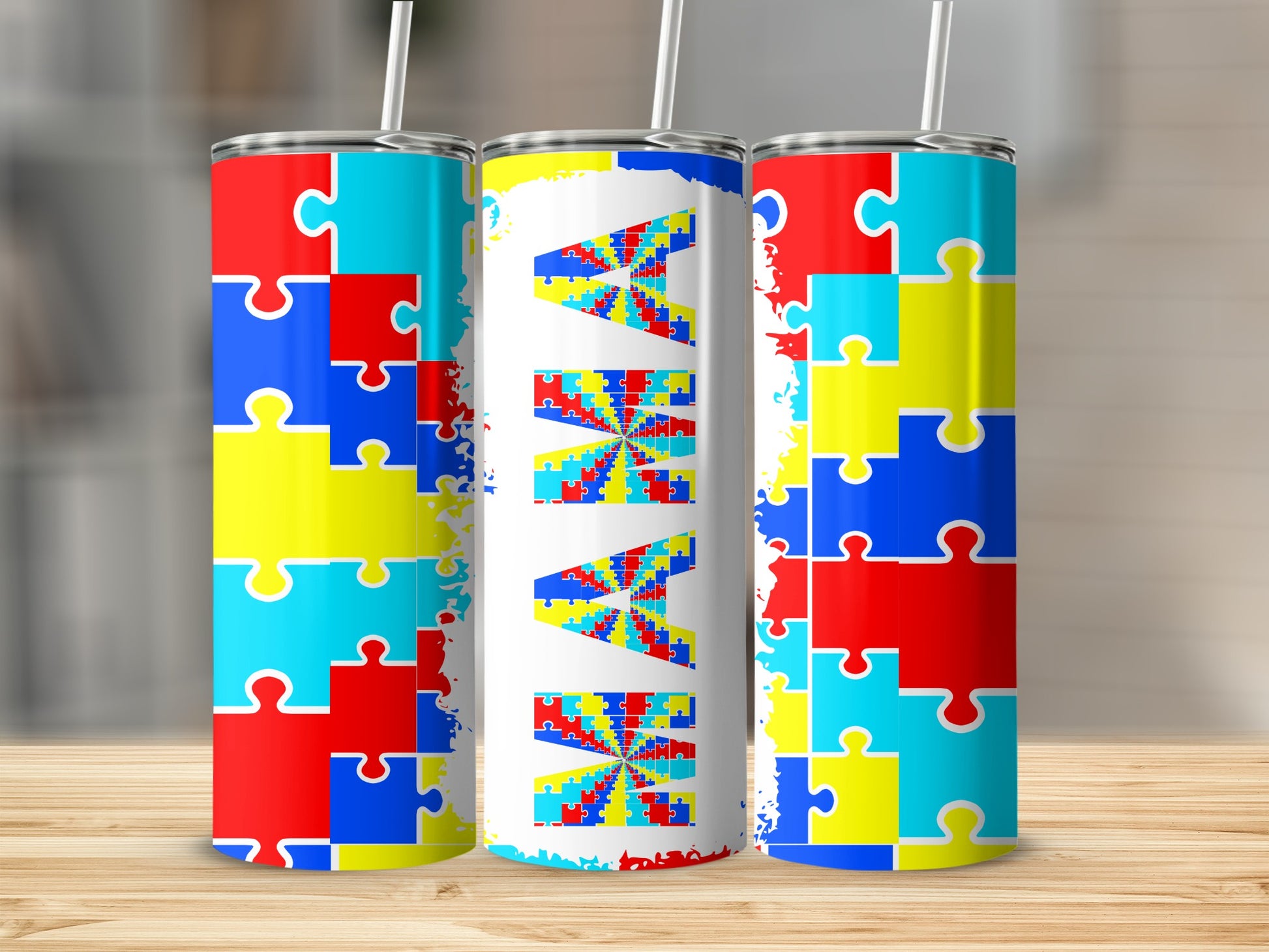 Colorful Puzzle Piece Design Tumbler with Straw