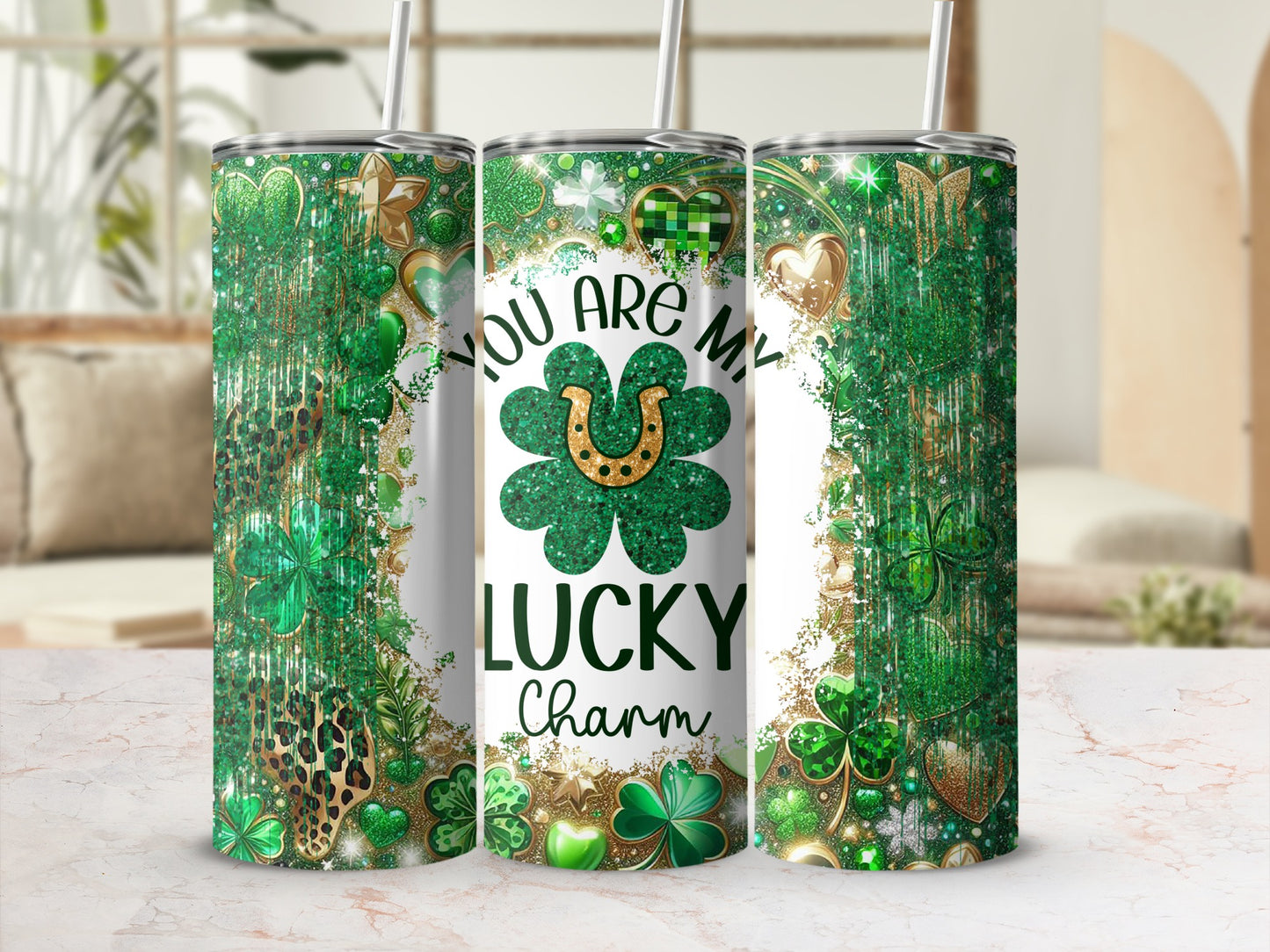 Green glitter tumbler with shamrocks, hearts, and leopard print, reads "You Are My Lucky Charm."