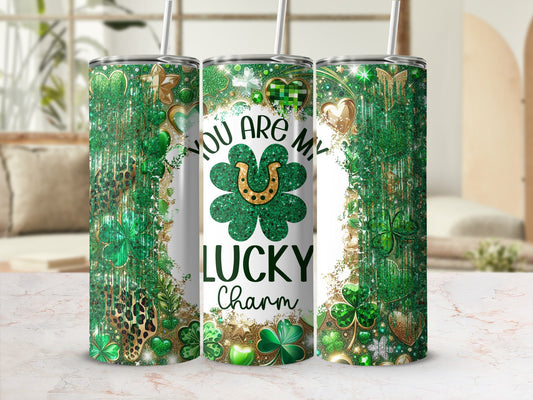Green glitter tumbler with shamrocks, hearts, and leopard print, reads "You Are My Lucky Charm."