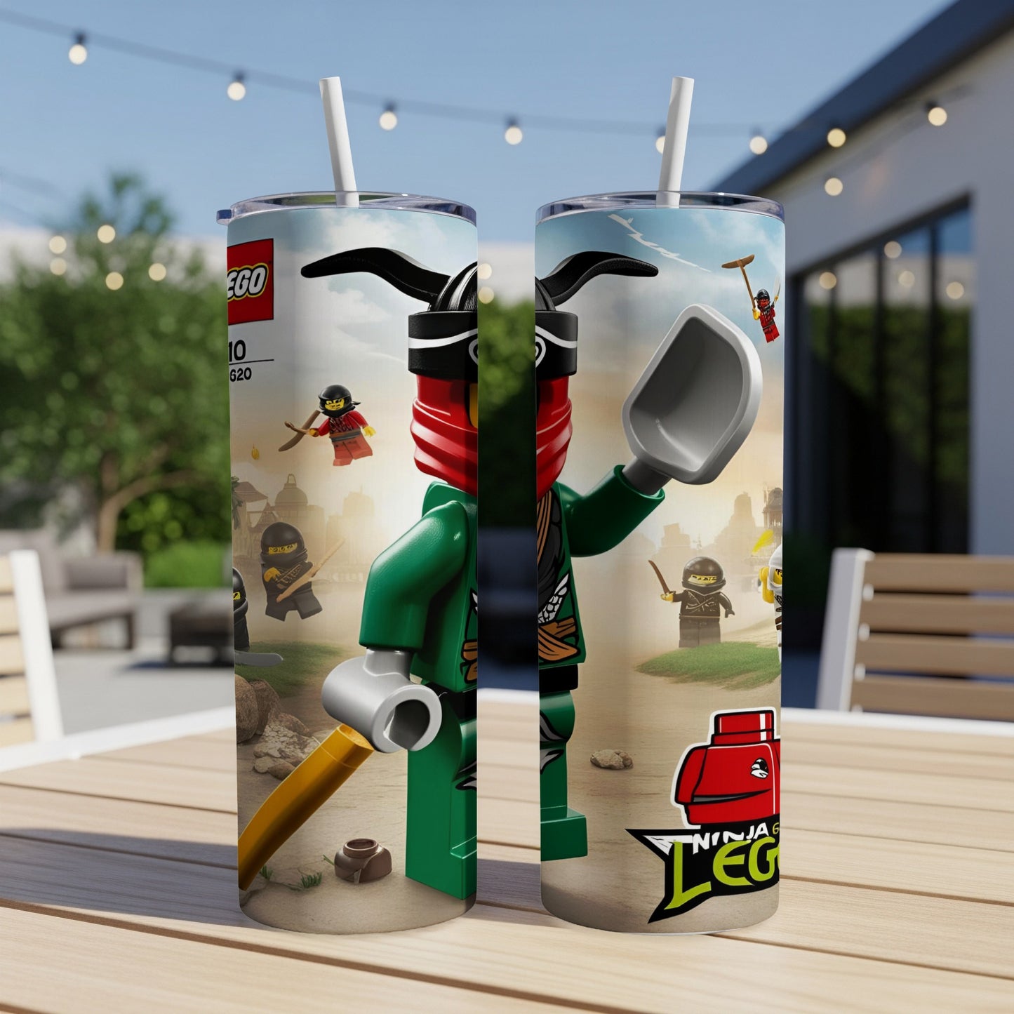 Two LEGO Ninjago tumblers with characters and logo on an outdoor table.