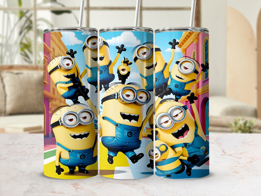 Minions wearing denim overalls in cartoon style on tumblers.