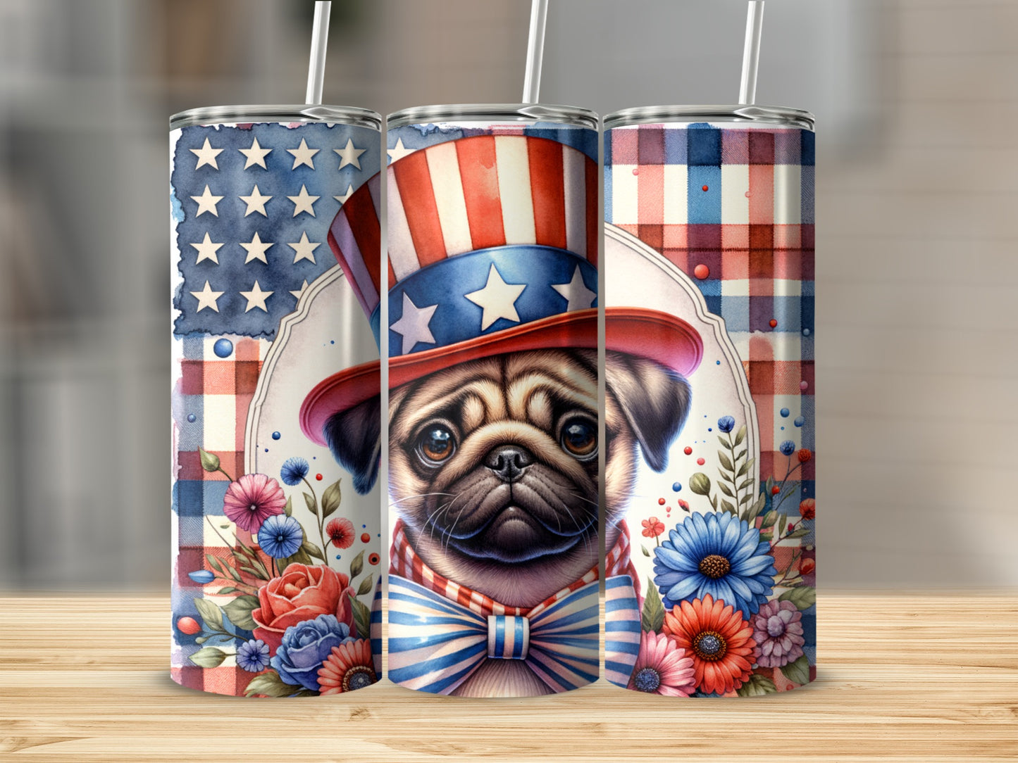 Pug wearing a patriotic hat and bowtie, surrounded by flowers and stars.