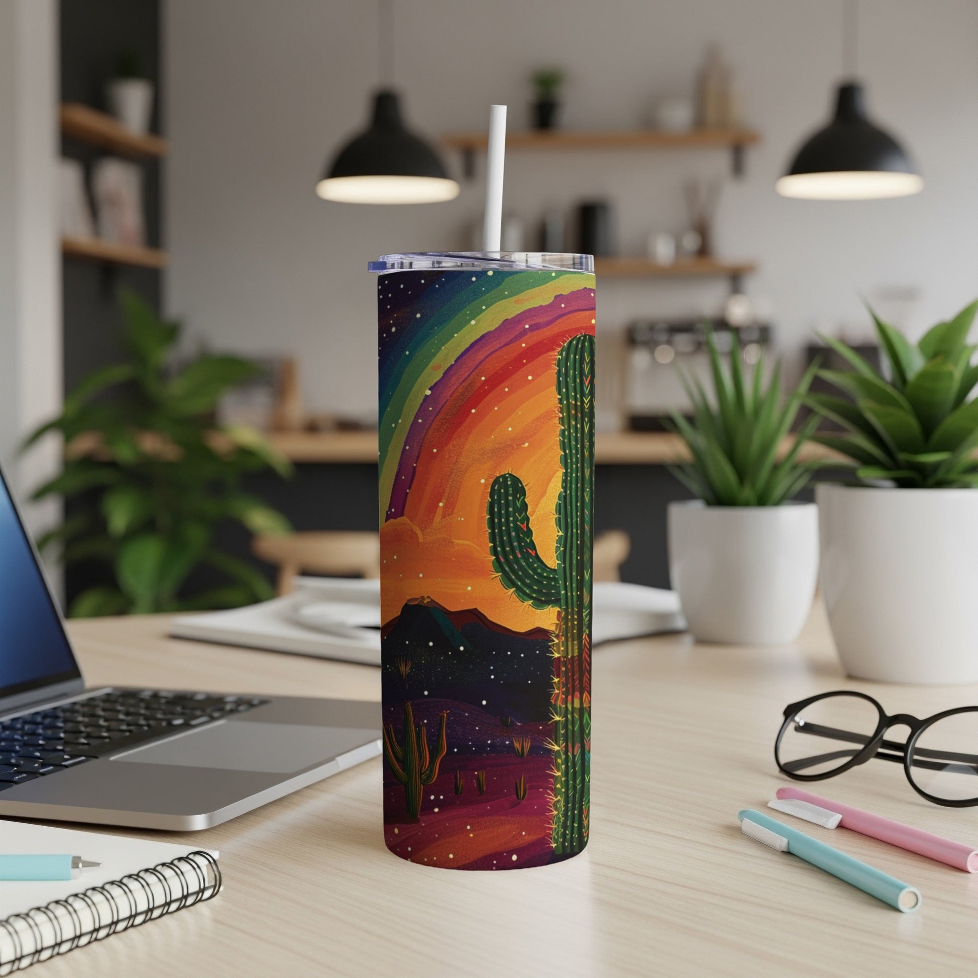 Desert landscape with rainbow and cactus on a tumbler with straw.
