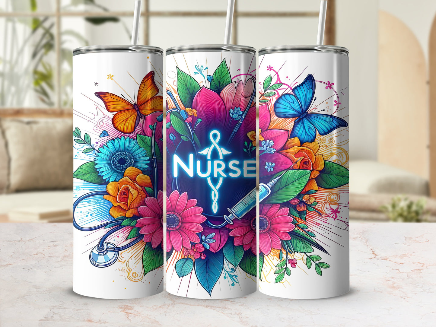 Floral nurse tumbler with stethoscope, syringe, and butterflies.