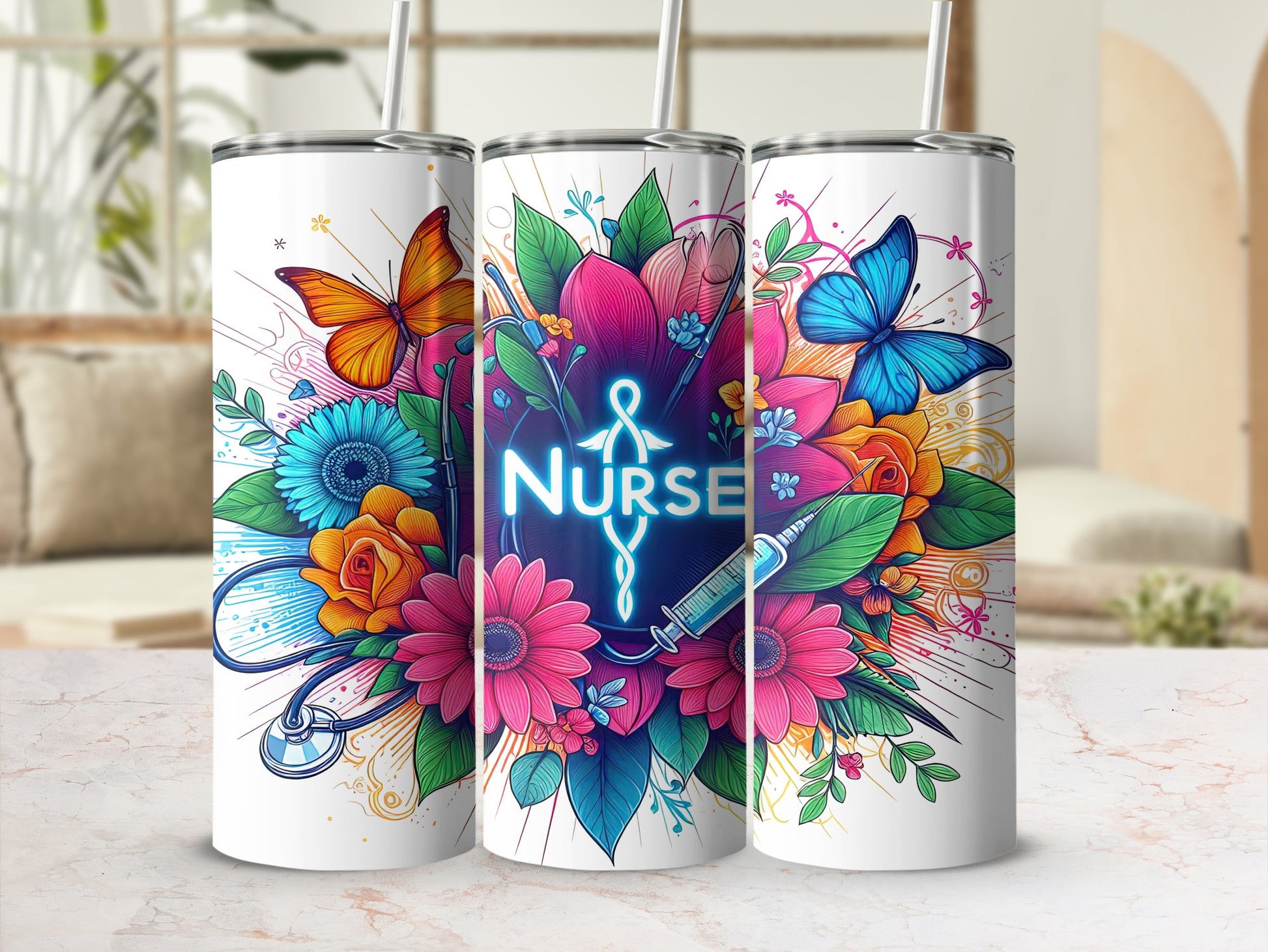 Floral nurse tumbler with stethoscope, syringe, and butterflies.