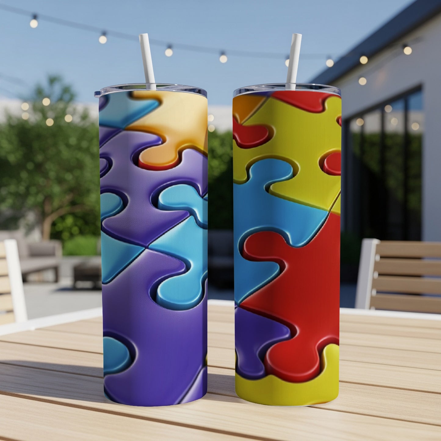 Two tumblers with colorful interlocking puzzle pieces on a wooden table outdoors.