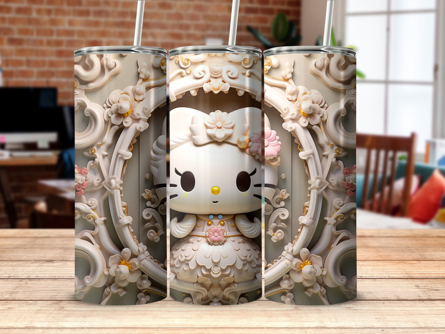 Ornate White Cat Tumbler with Floral Frame Design