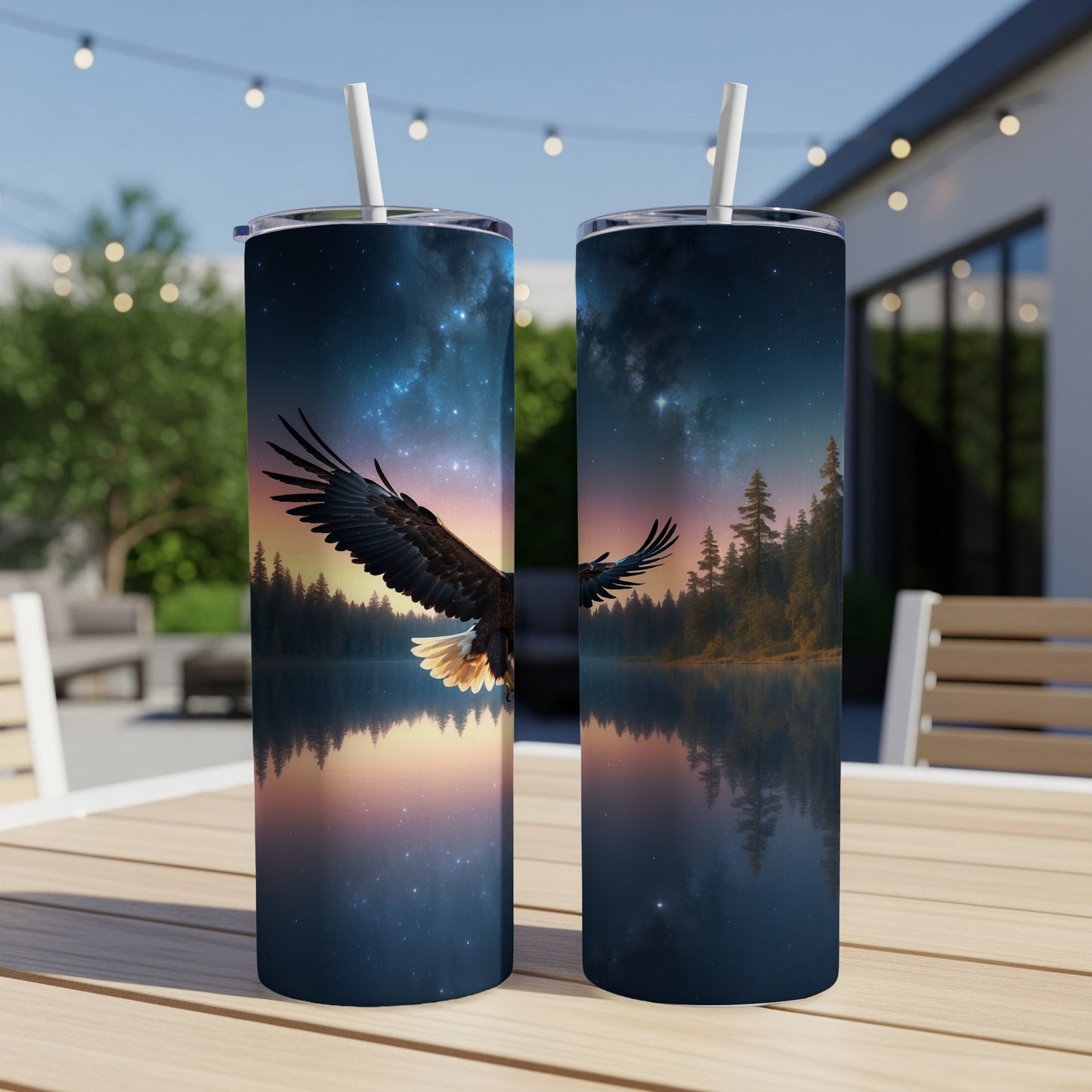 Eagle soaring against a starry night sky over a lake.