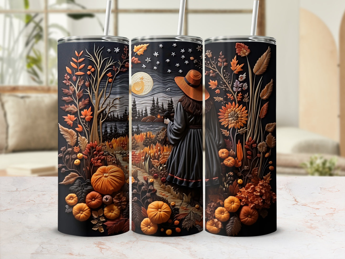 Three tumblers with a nighttime autumn scene featuring a witch and pumpkins.
