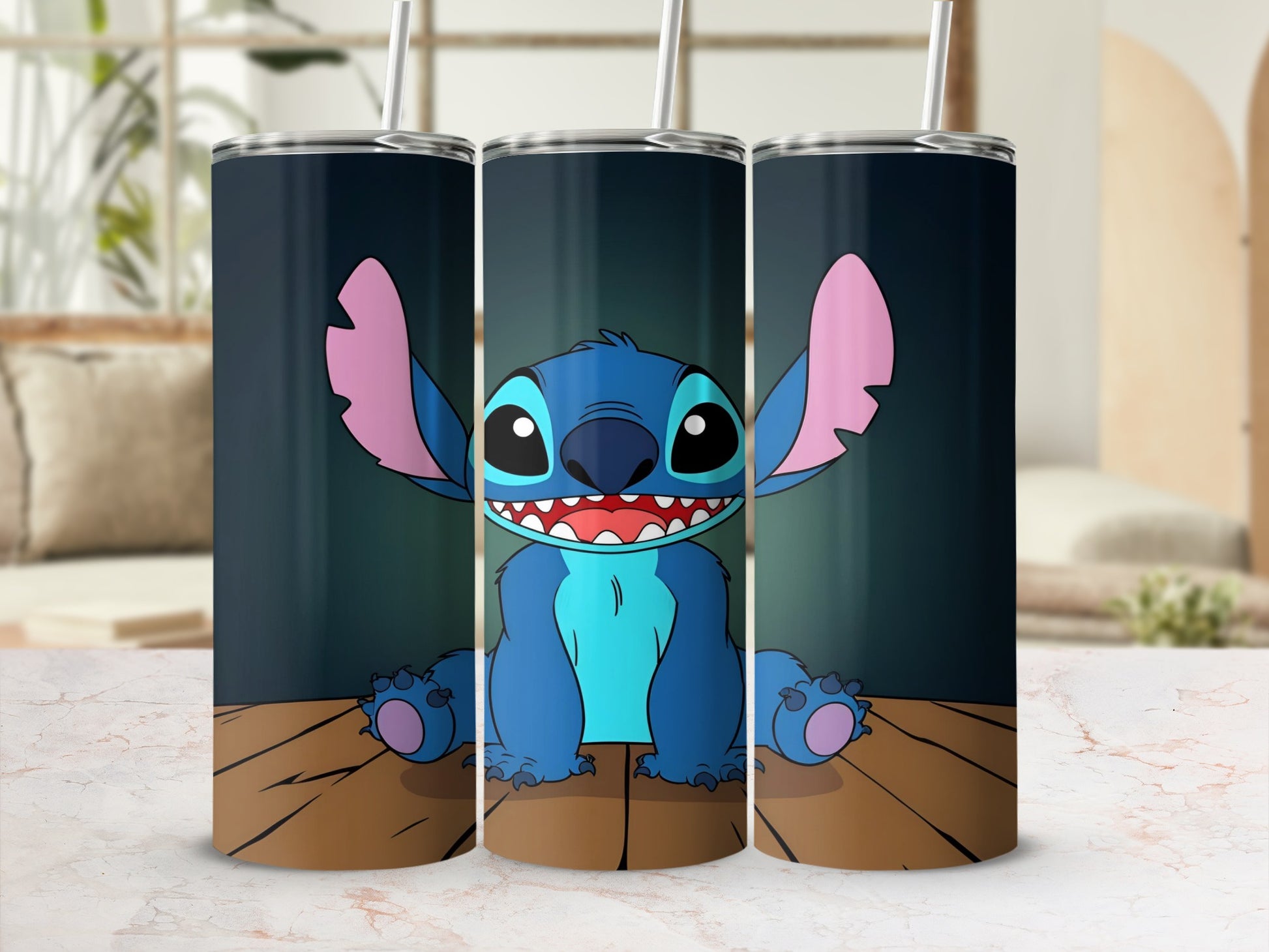 Cartoon Stitch character on a blue background, sitting on a wooden surface.