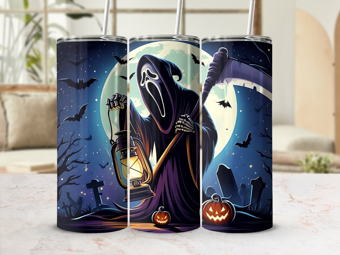 Halloween tumbler with Grim Reaper, jack-o'-lanterns, bats, and tombstones under a full moon.