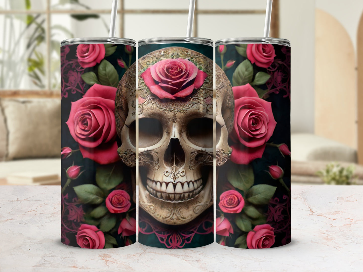 Skull with roses and floral background on a tumbler.