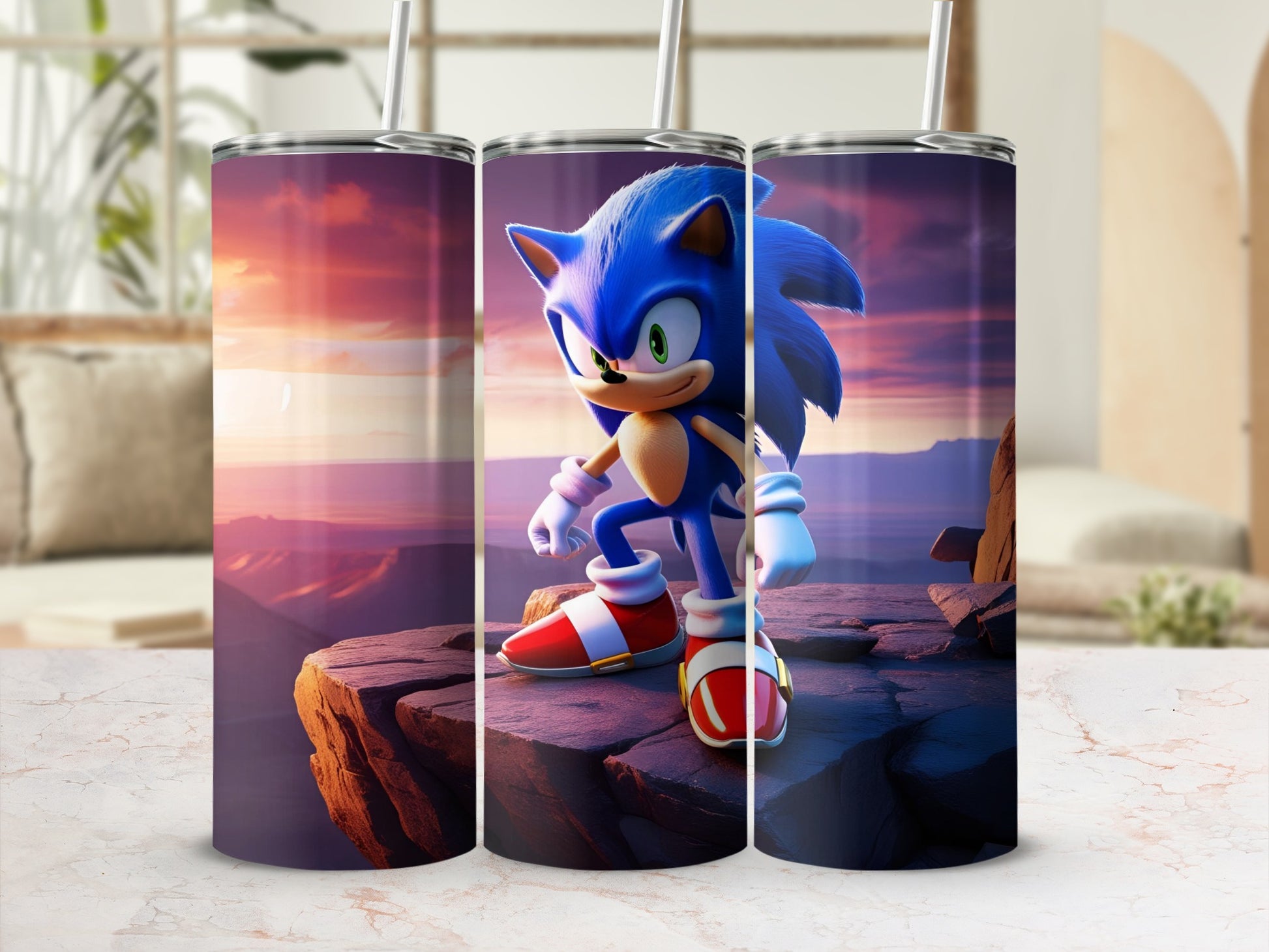 Sonic the Hedgehog standing on a rocky cliff overlooking a canyon at sunset.