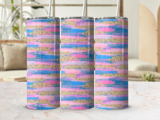 Three tumblers with pink, blue, and gold glitter brushstroke design.