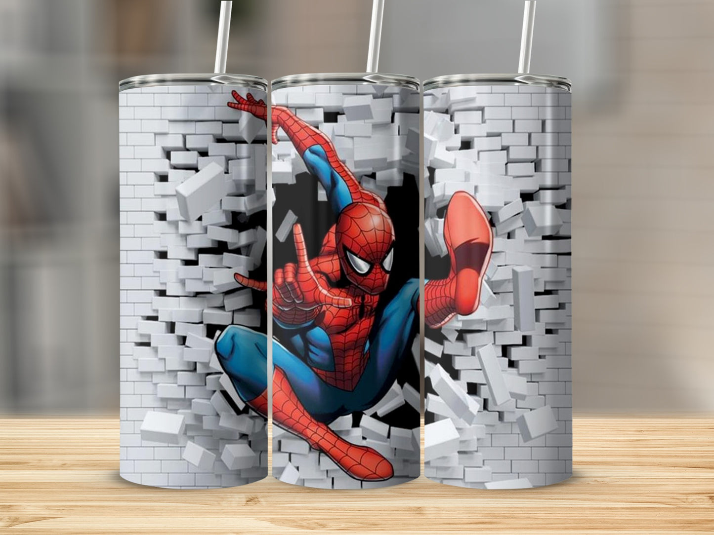 Spiderman Breaking Through White Bricks Design Tumbler