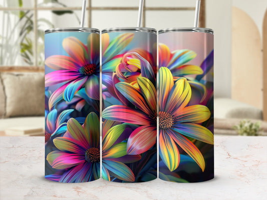 Three tumblers featuring vibrant, multi-colored daisy floral designs.
