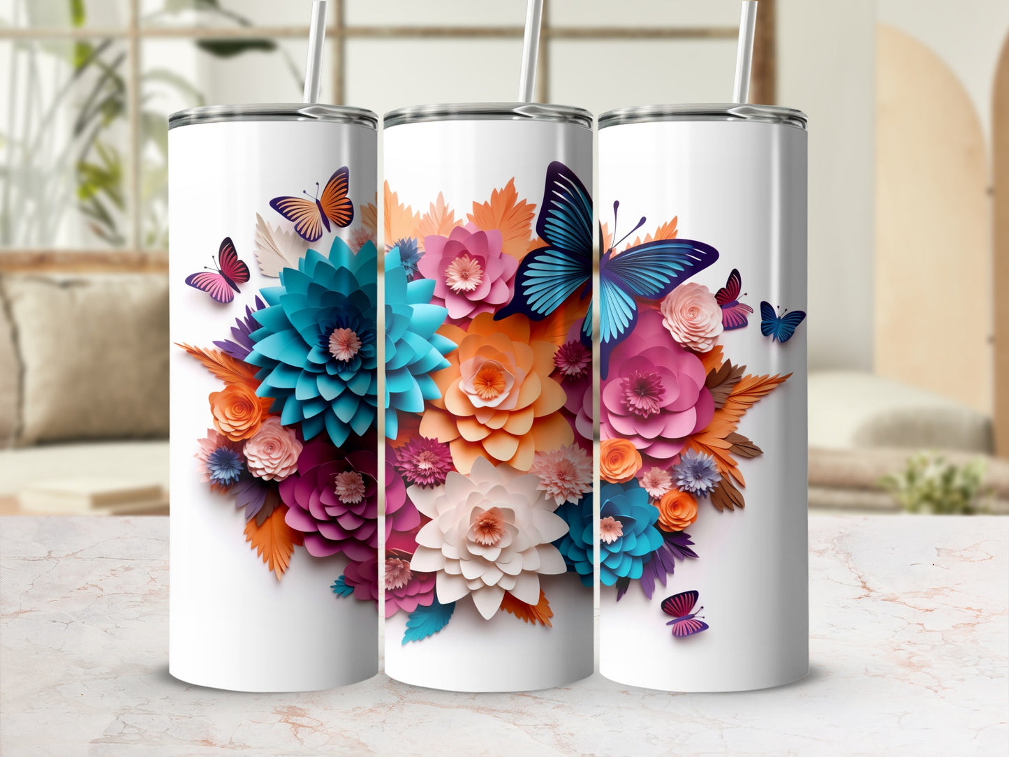 Colorful Floral and Butterfly Design Tumbler Product
