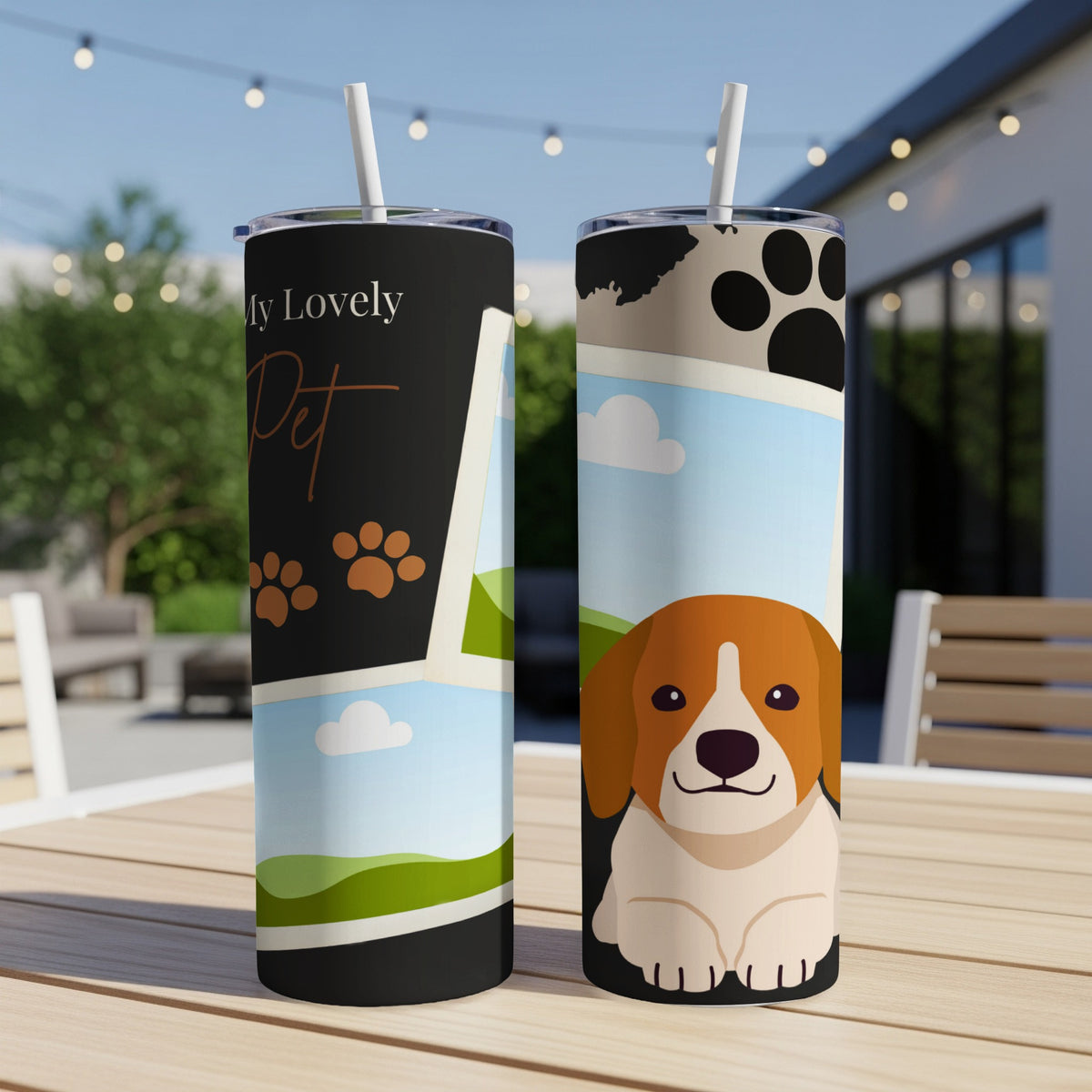 Two tumblers with dog paw prints and a beagle illustration, one saying "My Lovely Pet".