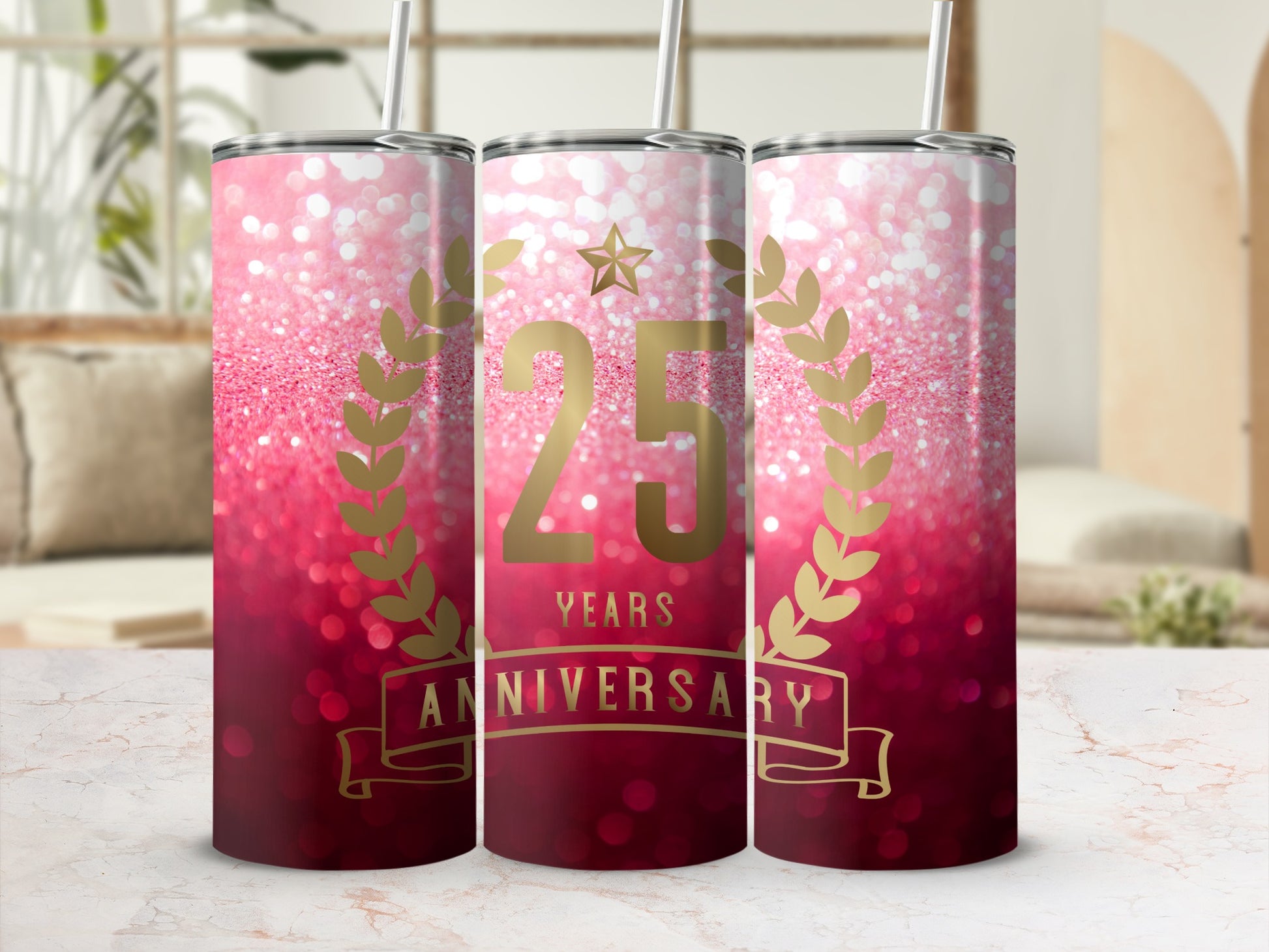 Pink glitter tumbler with "25 YEARS ANNIVERSARY" text and laurel wreath.
